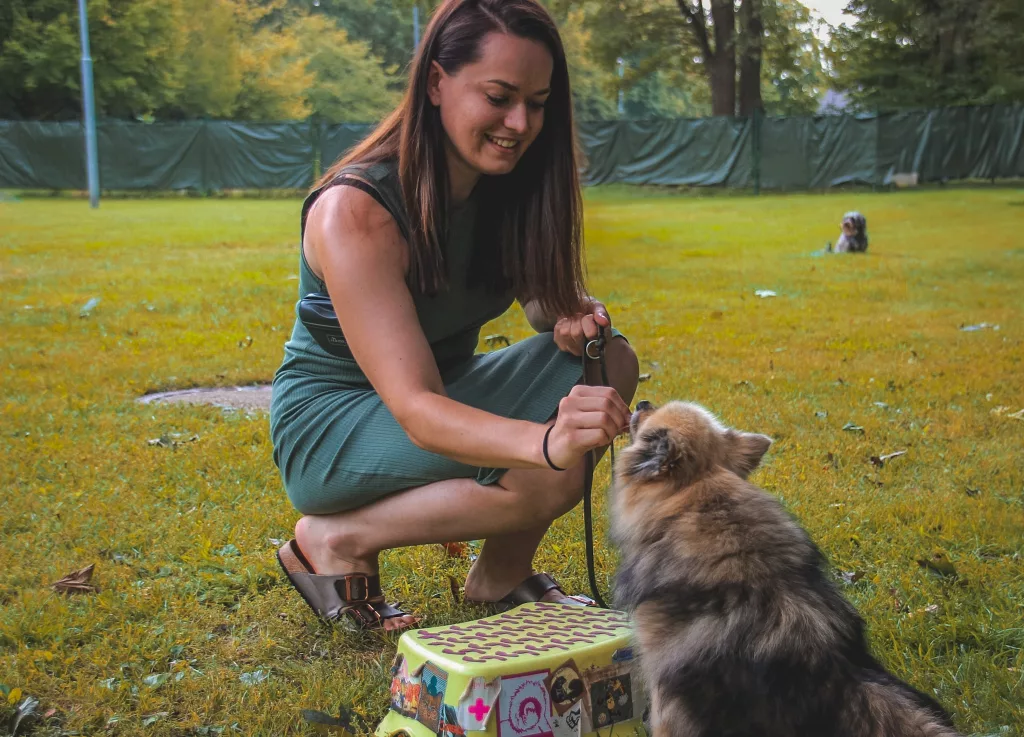 Alisa, die Tricks mit kleinem Spitz-Mischling macht und Leckerli gibt